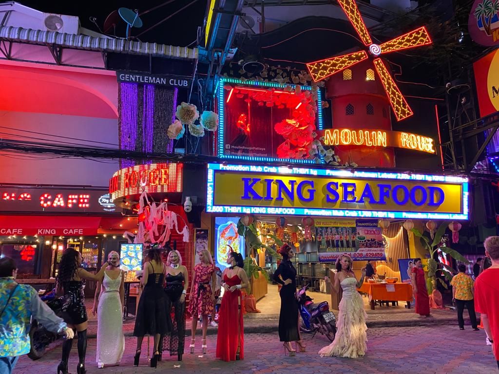 Neon lights and crowds on Walking Street Pattaya at night