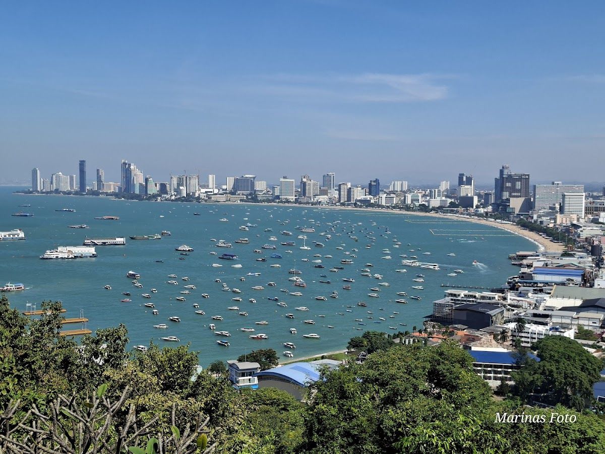 Panoramic sunset view of Pattaya Bay and city from the viewpoint