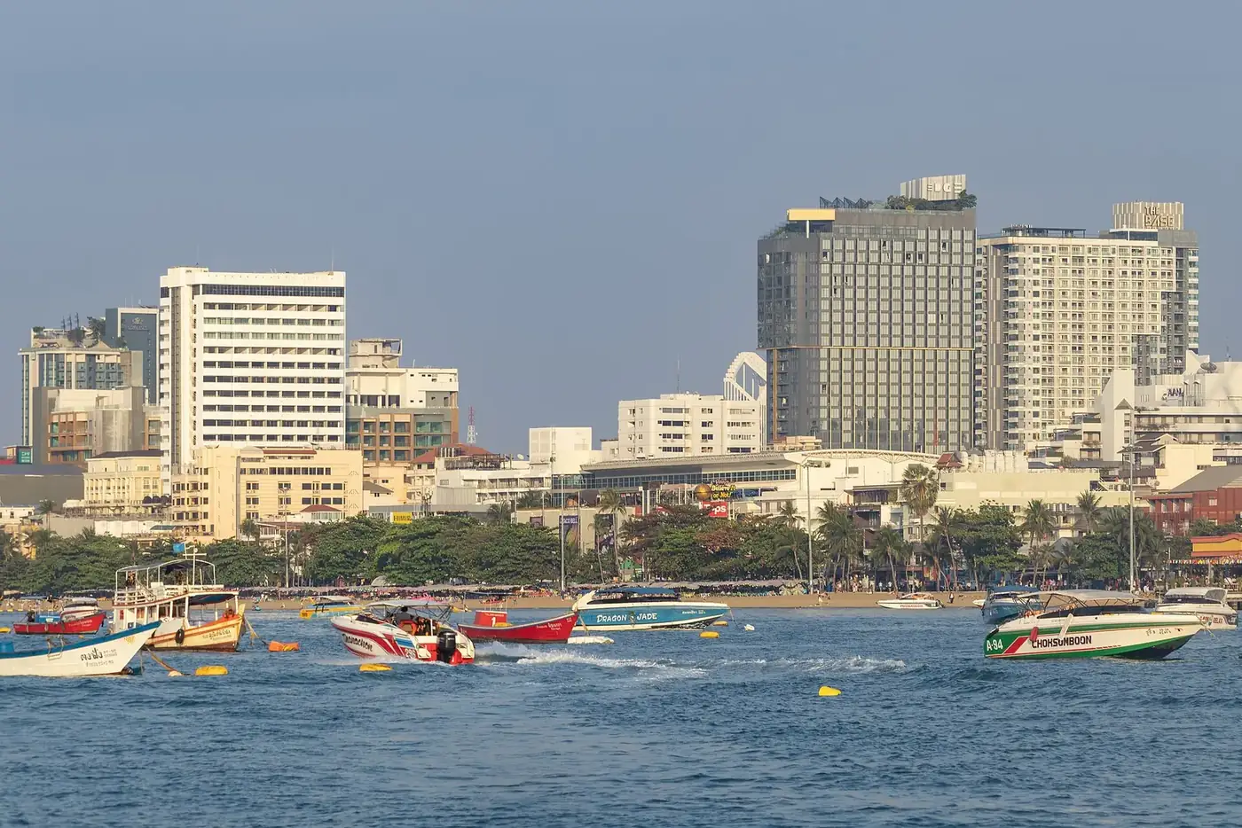 Pattaya's hotel towers along the bay, seen from the sea