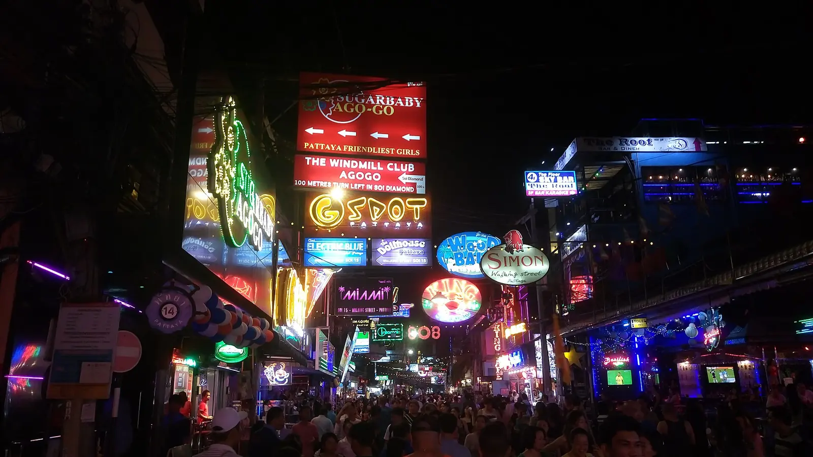 Walking Street Pattaya at night, seen from the road