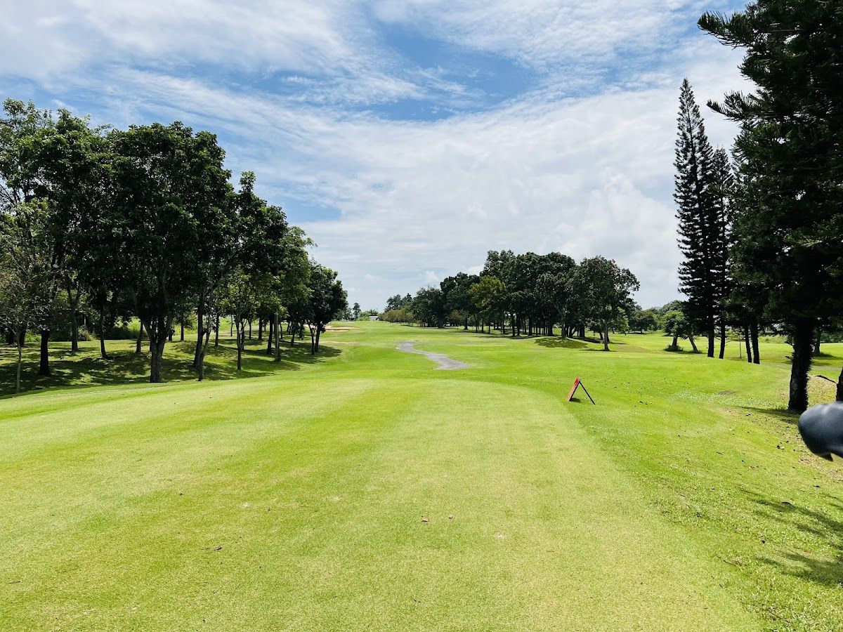 Golf cart parked on the manicured fairway of a Pattaya course with palm trees and clear blue sky