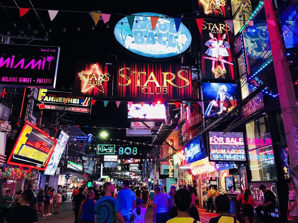 Neon-lit nightlife scene on Walking Street in Pattaya at night